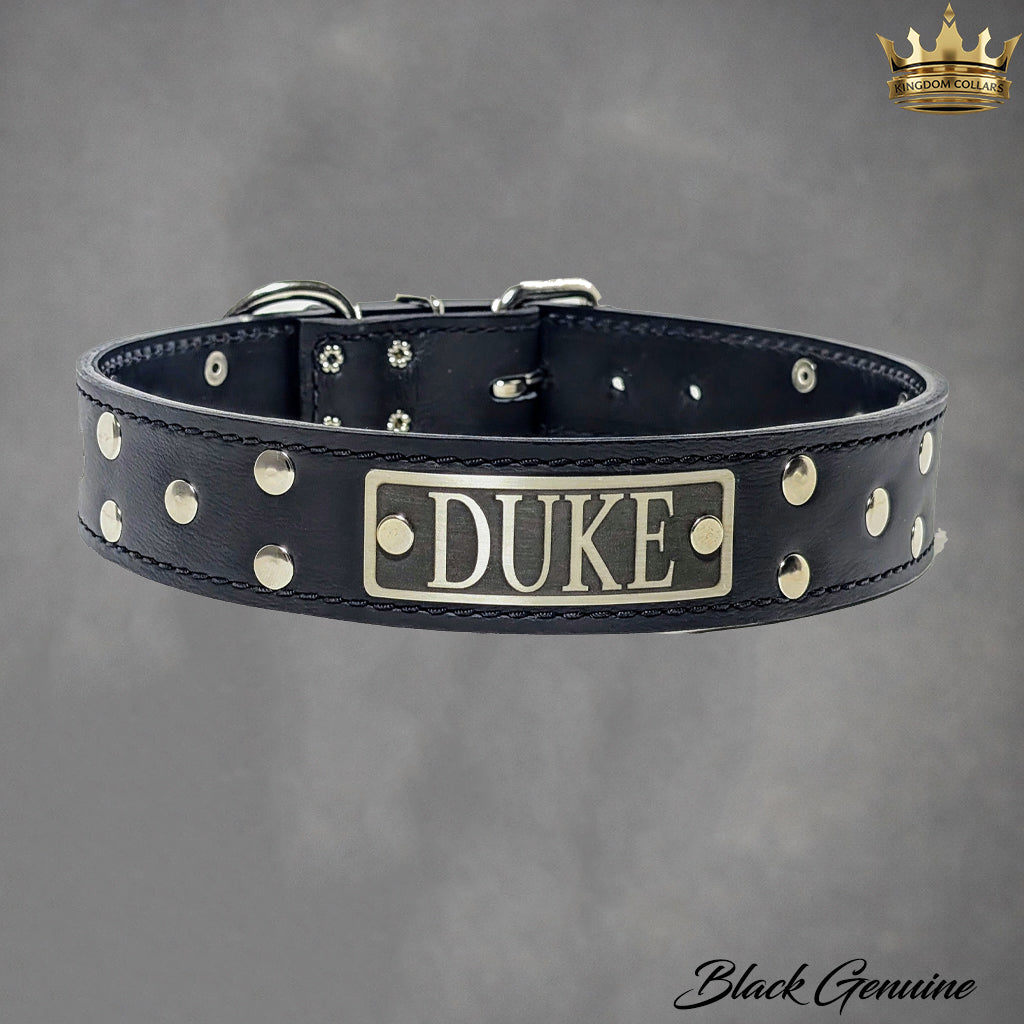Black leather dog collar with 'DUKE' plaque on a gray background