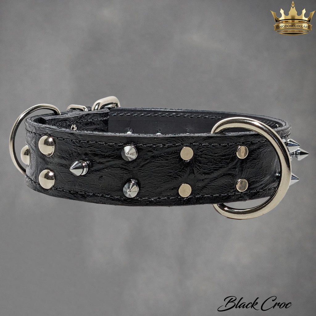 V33 - 1.5" Wide Italian Leather Dog Collar | Tree Spikes & Dome Studs