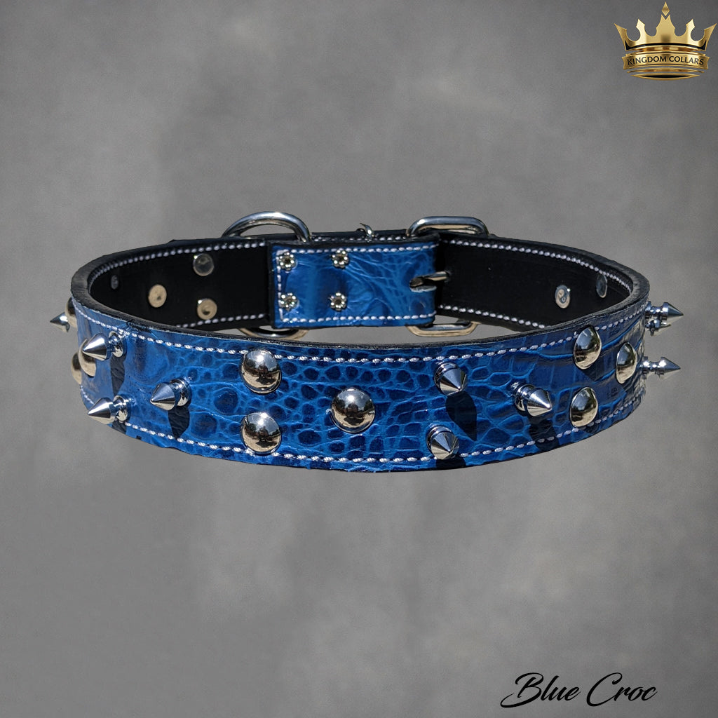 V33 - 1.5" Wide Italian Leather Dog Collar | Tree Spikes & Dome Studs