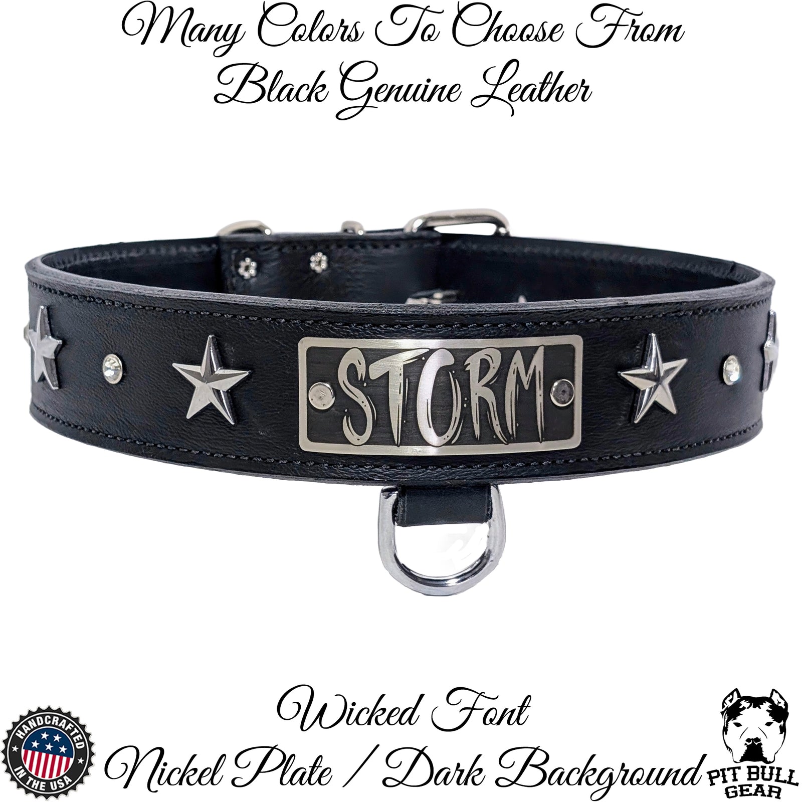 V42 - Collar de cuero para perro personalizado con estrellas de 1,5" de ancho y gemas