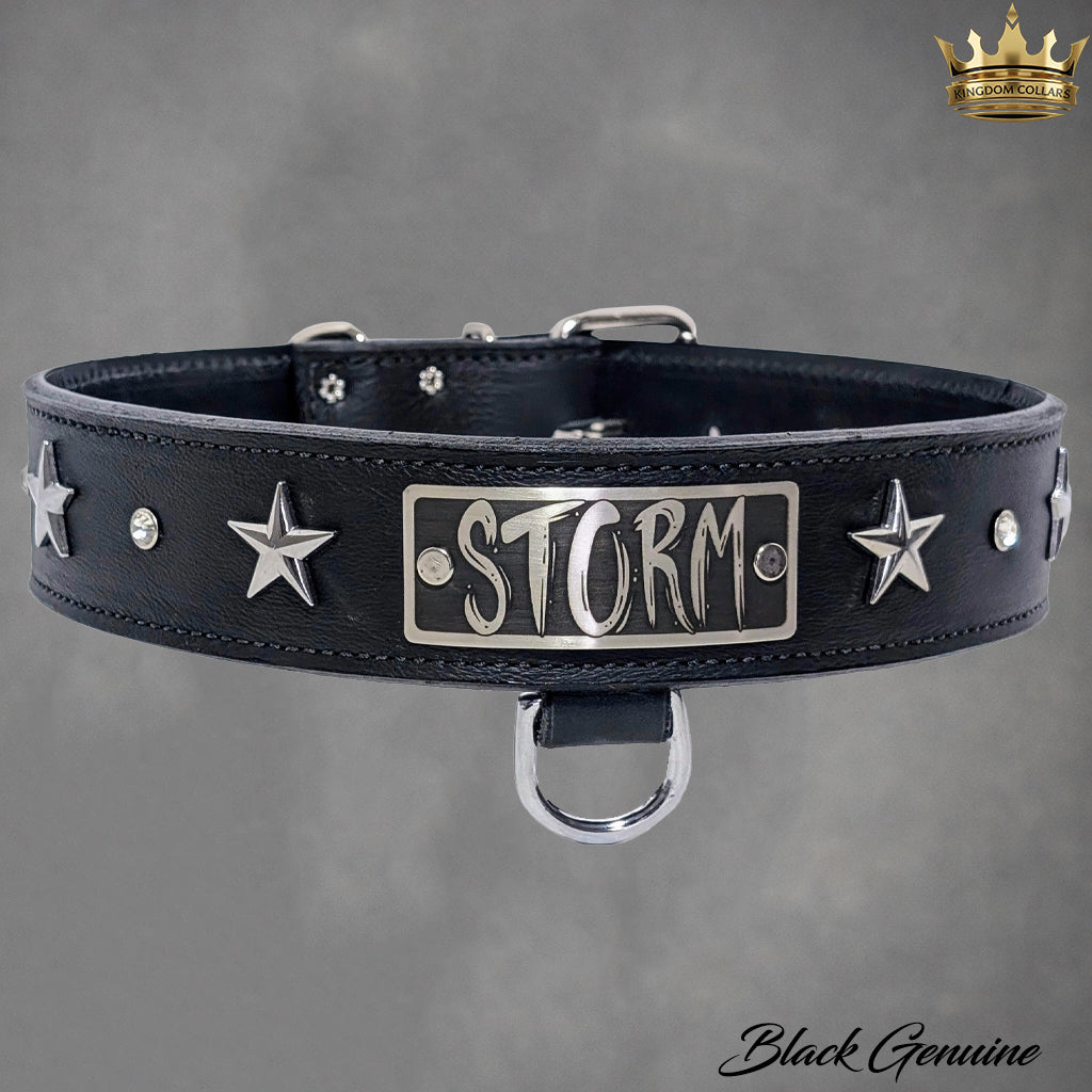 V42 - 1 1/2" coleira personalizada de couro estrela com pedras preciosas