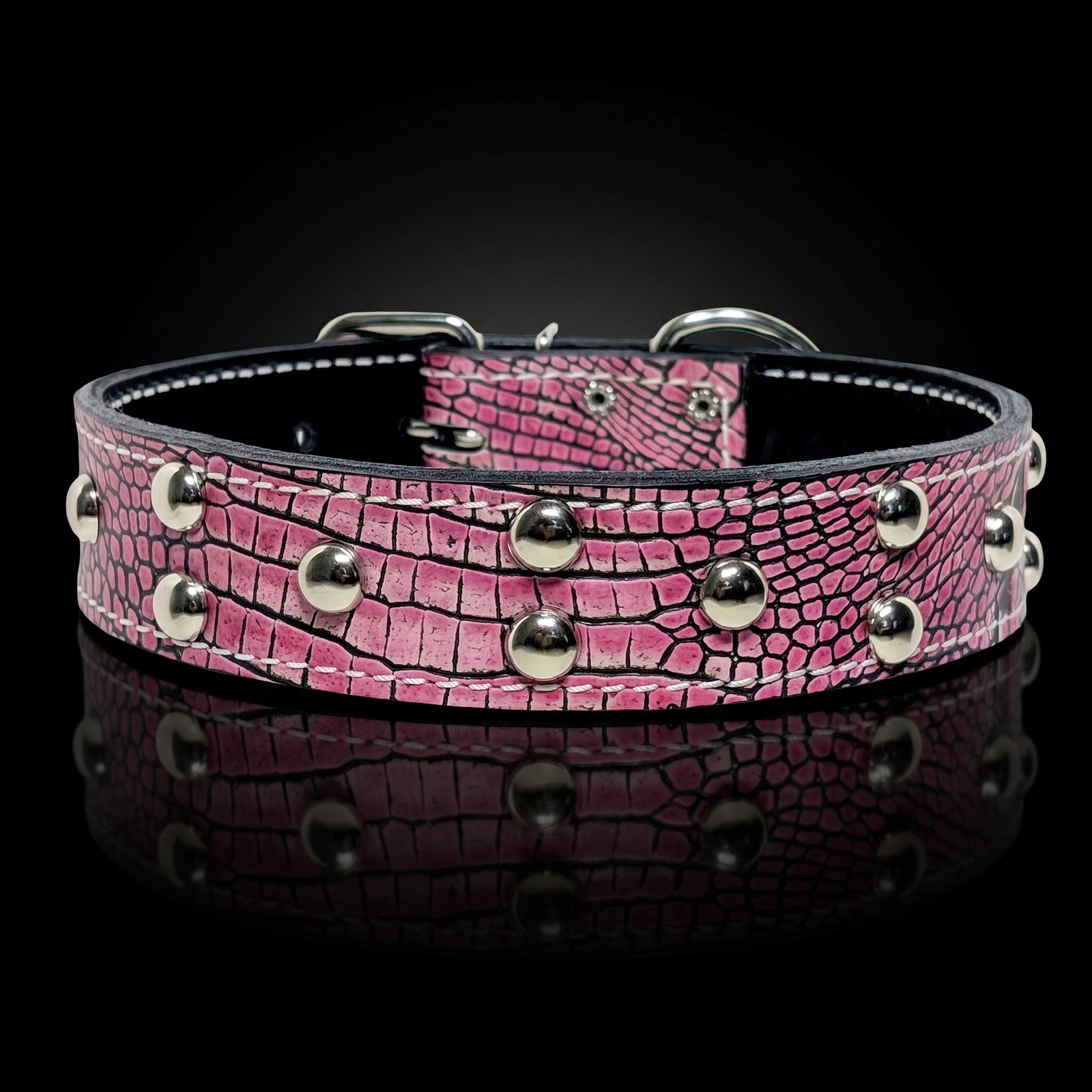 A pink crocodile-embossed leather collar with silver metal studs and a silver buckle, displayed on a reflective black surface.