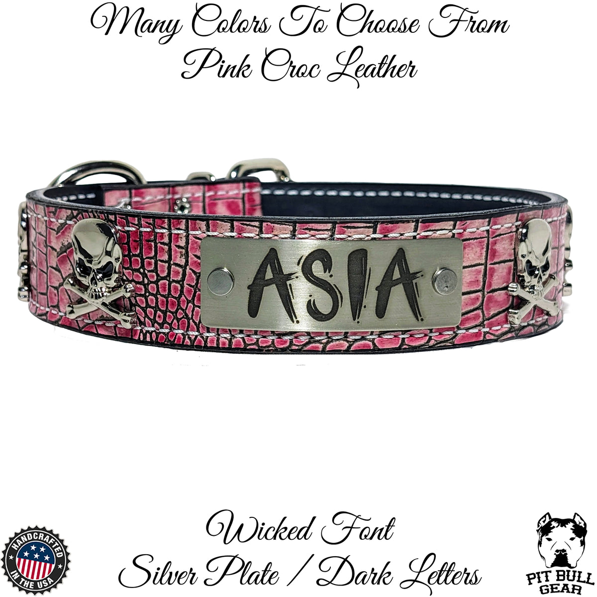 VN47 - Collar de cuero personalizado para perros de 1,5" de ancho con calavera y huesos cruzados