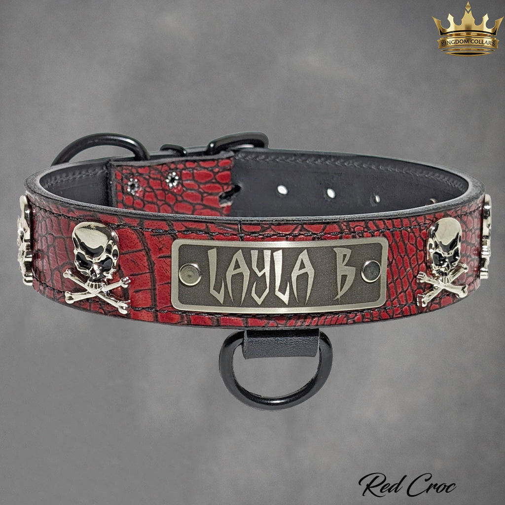 VN47 - 1 1/2" placa de nome coleira de couro para cachorro com caveiras