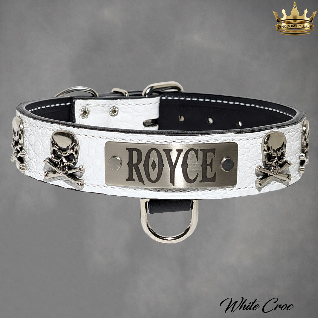 VN47 - 1 1/2" placa de nome coleira de couro para cachorro com caveiras