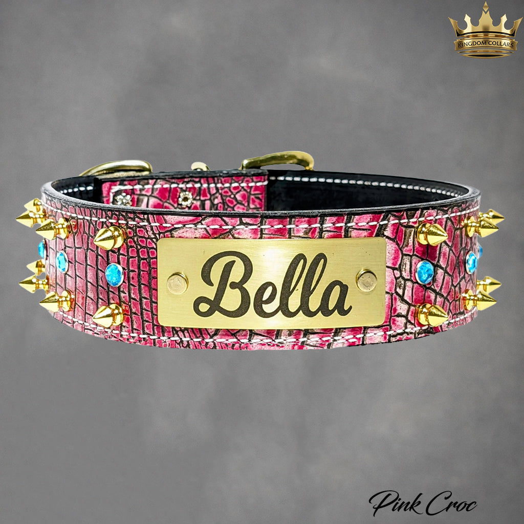 W11 – 2" Wide Personalized Italian Leather Spiked & Gem Dog Collar | Engraved Name Plate