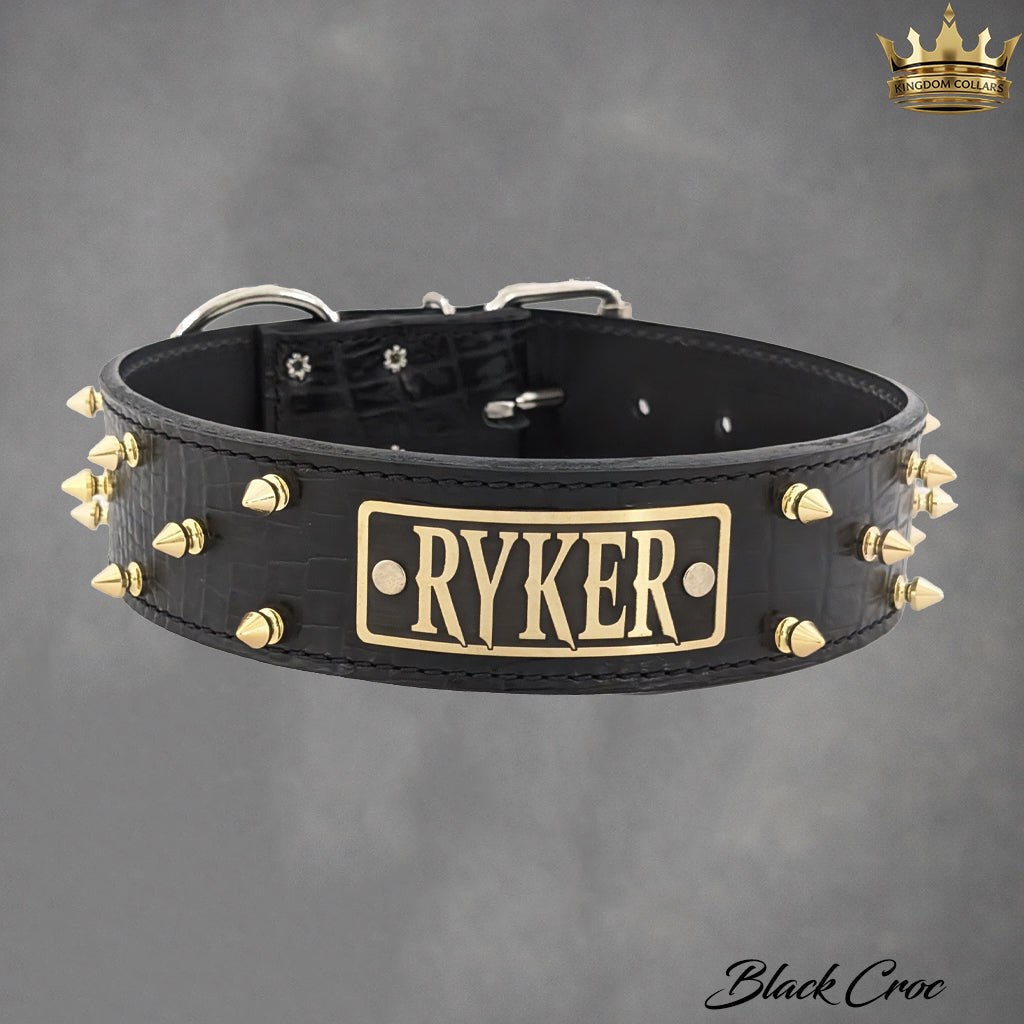W46 - 2" Spiked Leather Dog Collar with Personalized Name Plate