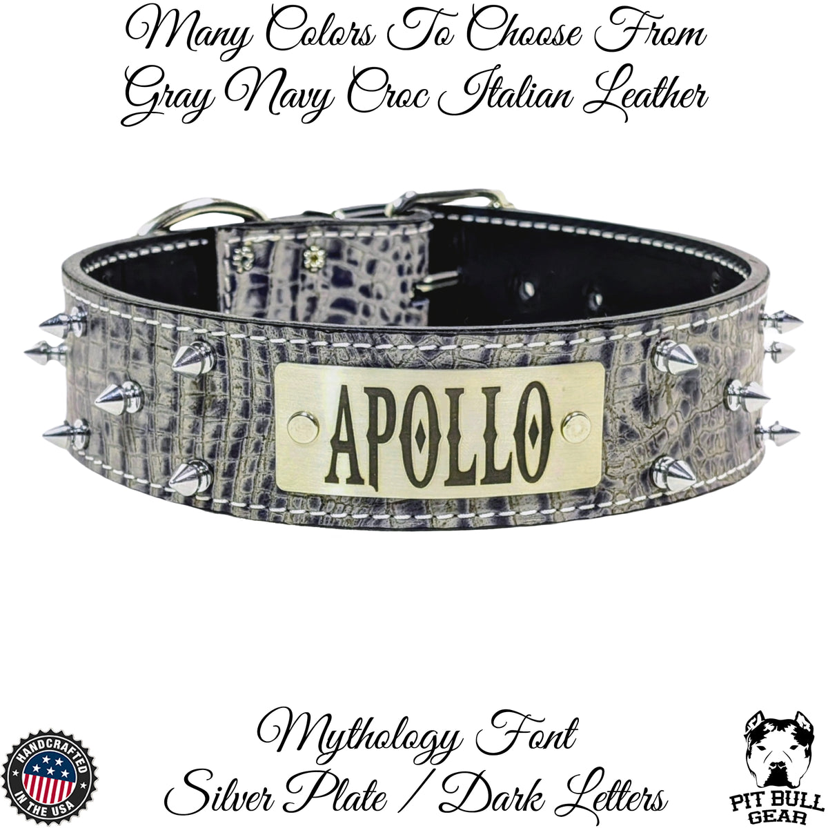 W46 - Coleira de cachorro de couro pontiagudo com placa de identificação de 2"