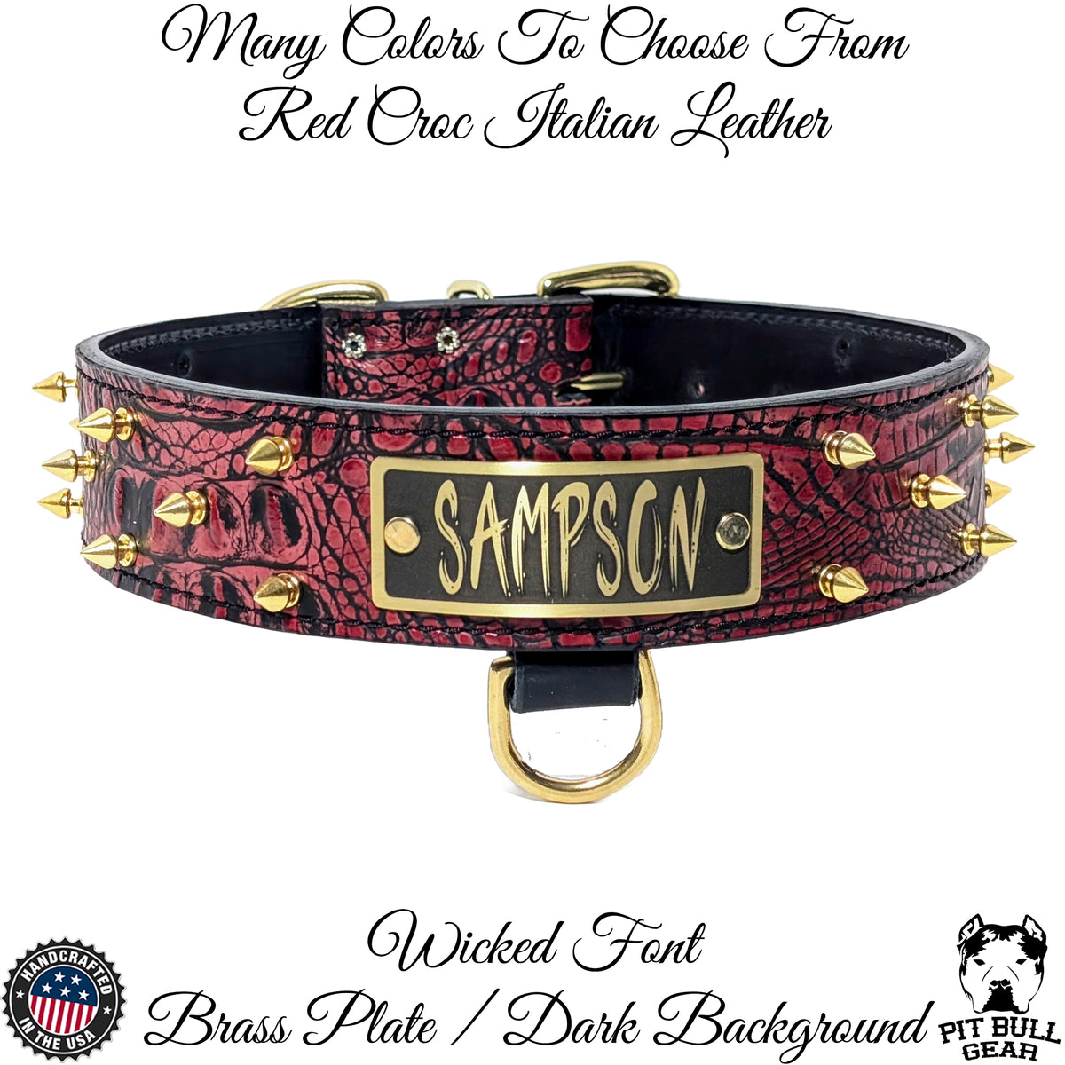 W46 - Coleira de cachorro de couro pontiagudo com placa de identificação de 2"