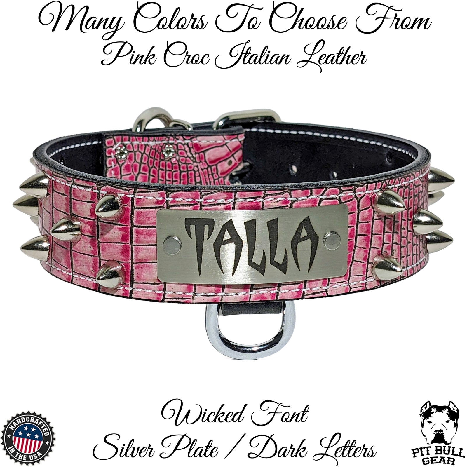 Collar de cuero para perro con placa de identificación personalizada y tachuelas de bala de 2" de ancho - W50
