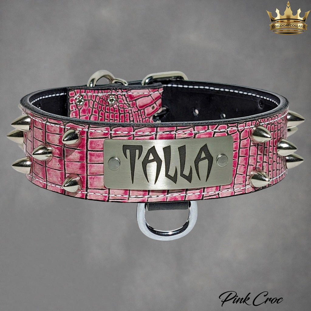 W50 - 2" Wide Personalized Italian Leather Bullet Stud Dog Collar | Silver