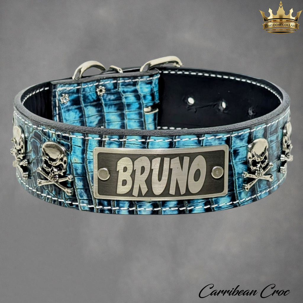 WN6 - 2" Wide Personalized Leather Dog Collar with Skulls & Crossbones