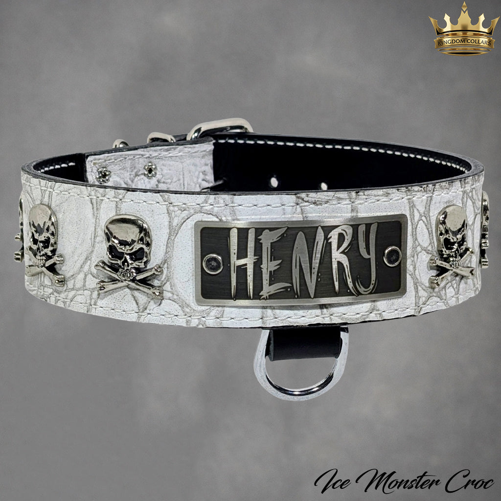 WN6 - 2" Wide Personalized Leather Dog Collar with Skulls & Crossbones
