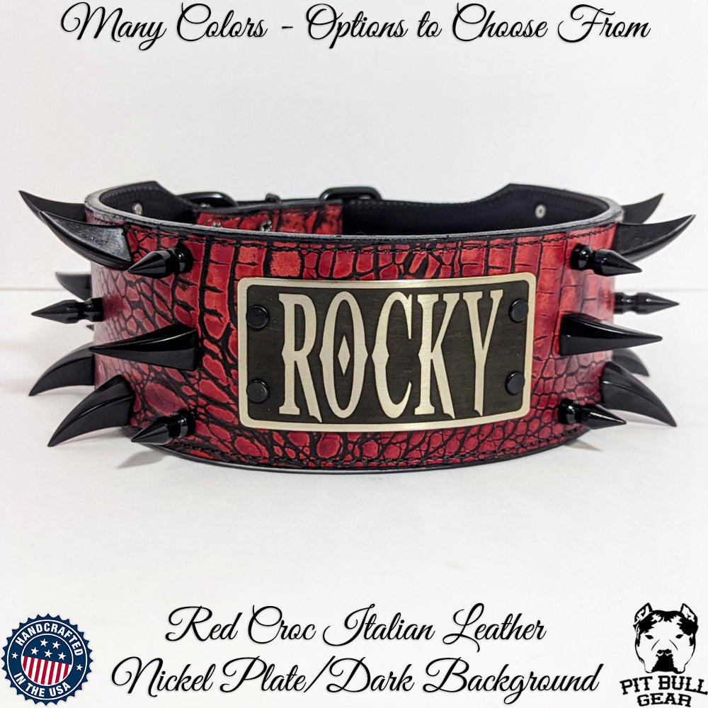 X11 - Collar de cuero con pinchos para perros de 3" de ancho con placa de identificación personalizada