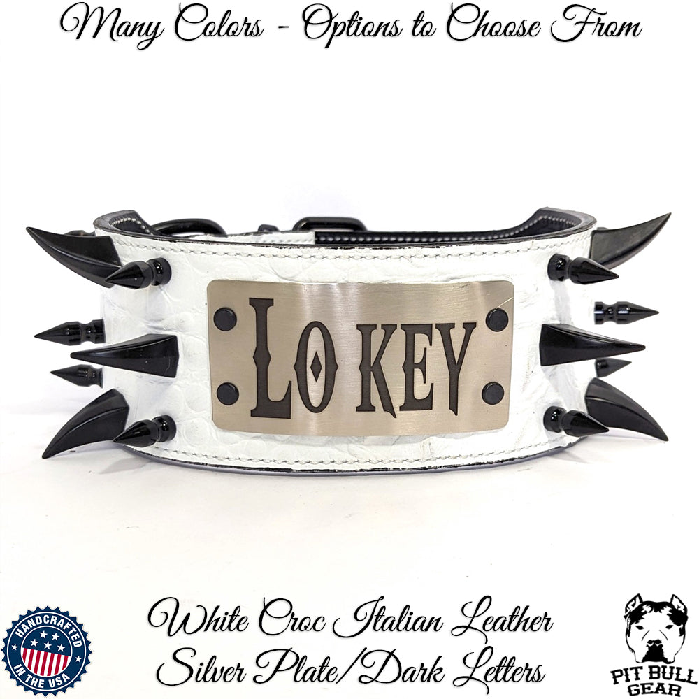 X11 - Collar de cuero con pinchos para perros de 3" de ancho con placa de identificación personalizada