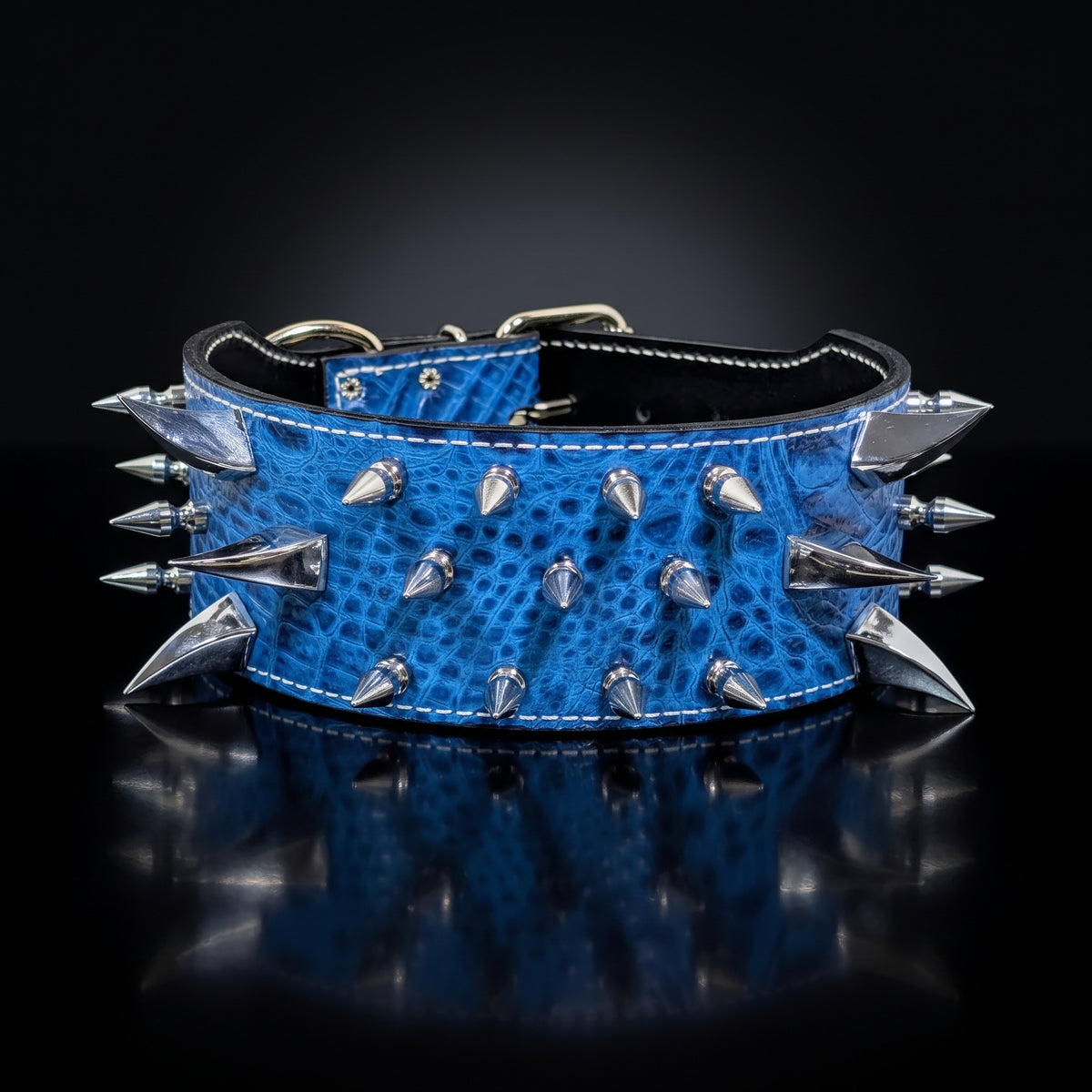 A blue textured leather collar with sharp silver metal spikes on the front and sides, displayed on a reflective black surface against a dark background.