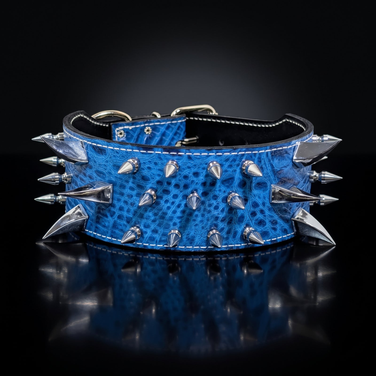 A blue textured leather collar with sharp silver metal spikes on the front and sides, displayed on a reflective black surface against a dark background.