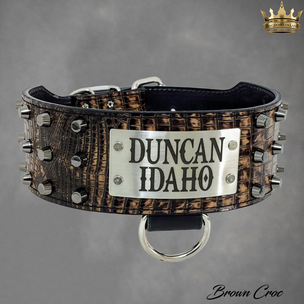 XN1 - Collar de cuero para perro de 3" de ancho con placa de identificación personalizada y tachuelas