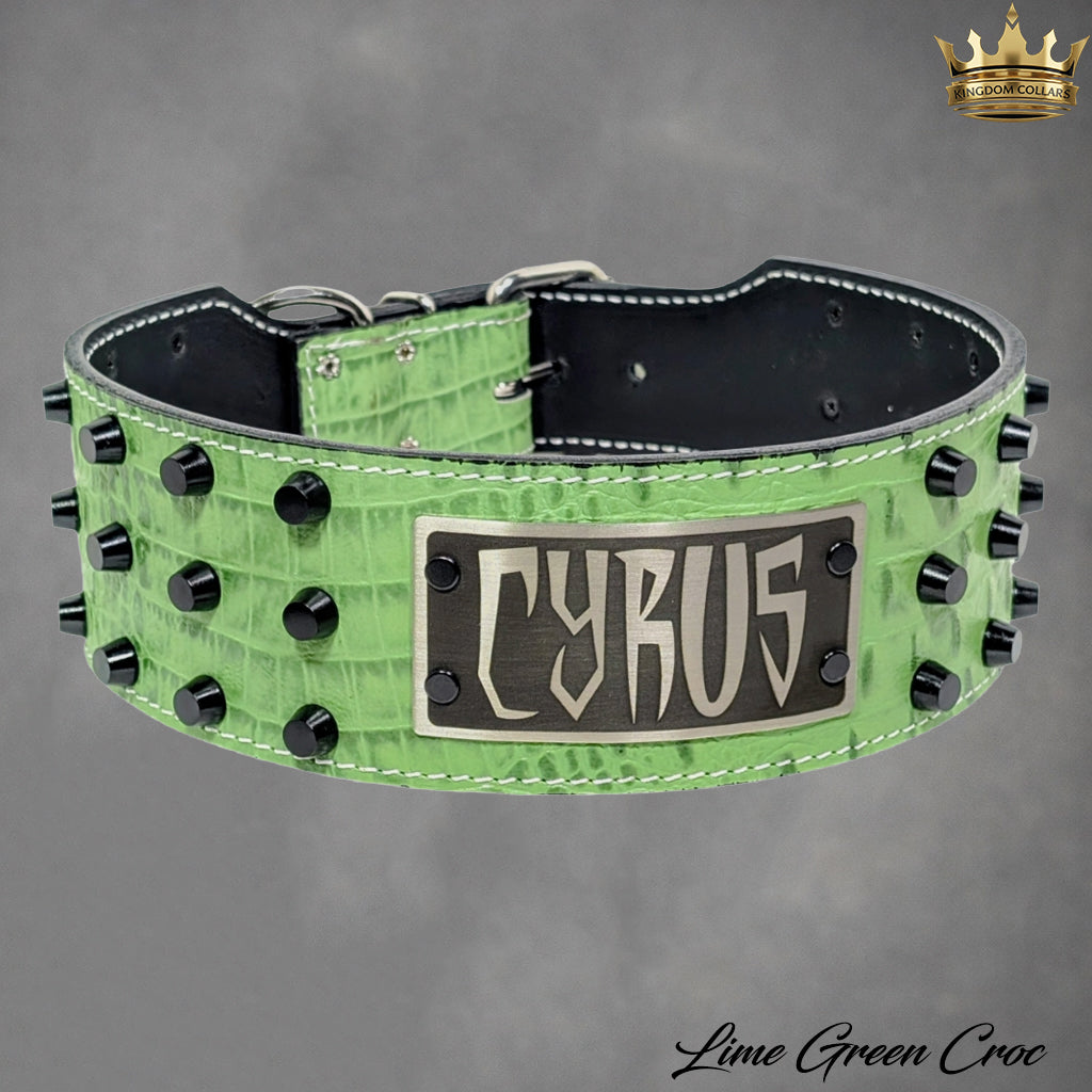 XN1 - Collar de cuero para perro de 3" de ancho con placa de identificación personalizada y tachuelas