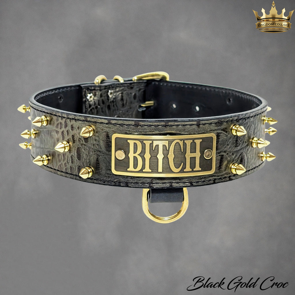 W46 - 2" Spiked Leather Dog Collar with Personalized Name Plate