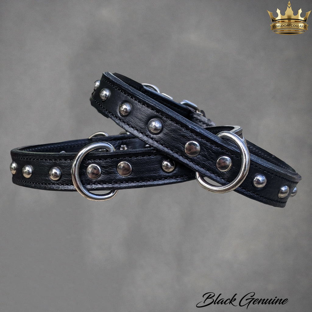 1" Wide Personalized Italian Leather Studded Dog Collar | Engraved Name Plate