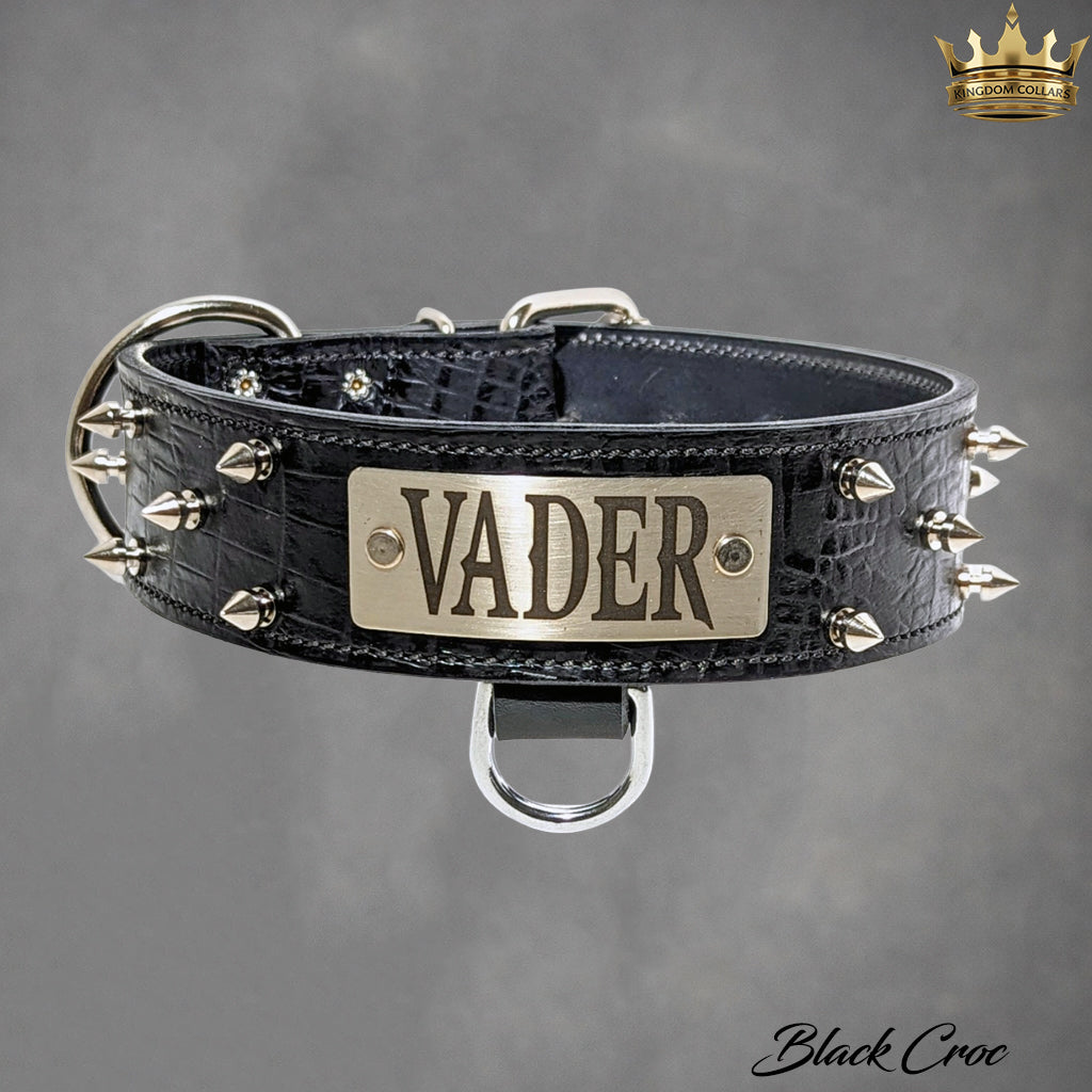 W46 - 2" Spiked Leather Dog Collar with Personalized Name Plate