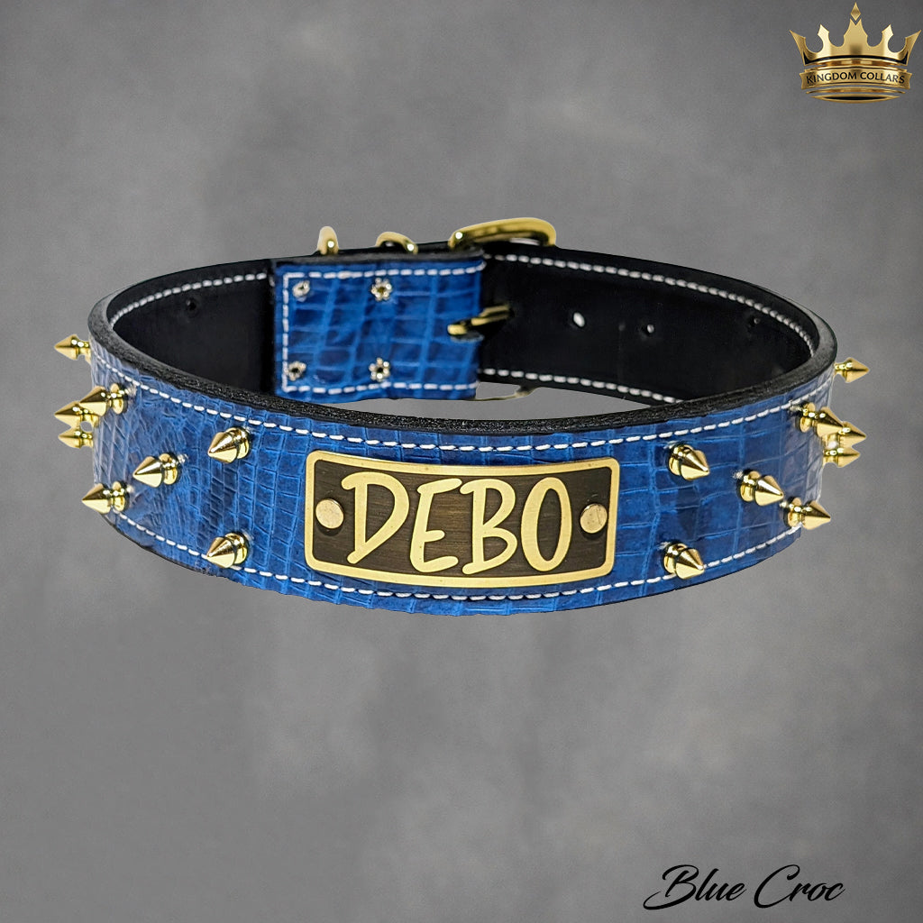 W46 - 2" Spiked Leather Dog Collar with Personalized Name Plate