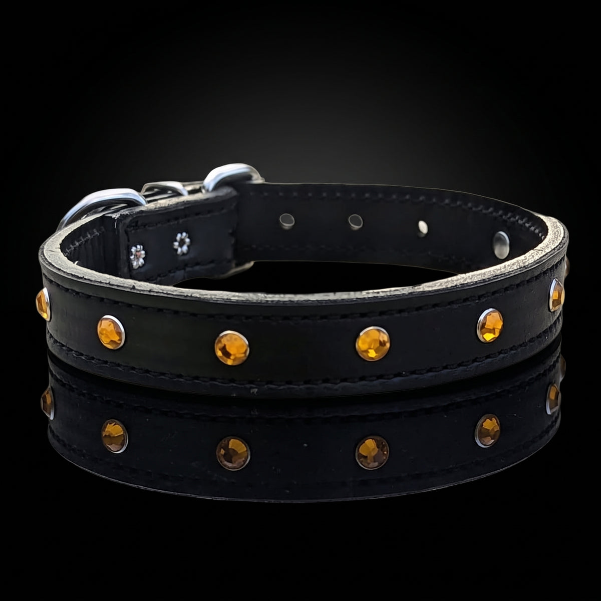 A black leather dog collar adorned with round amber-colored rhinestones and a silver-tone metal buckle, displayed against a dark reflective background.