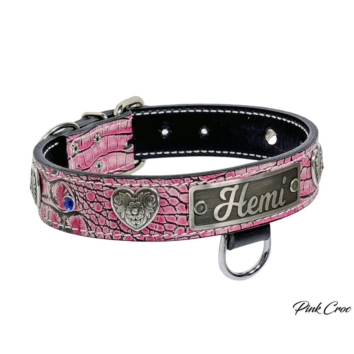 Pink crocodile patterned dog collar with 'Hemi' engraving on a white background