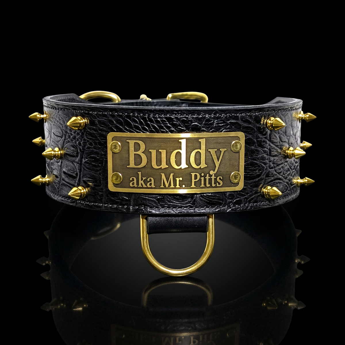 A black textured leather dog collar with gold-tone metal spikes and a central brass plate engraved with 'Buddy aka Mr. Pitts', shown on a reflective black background.