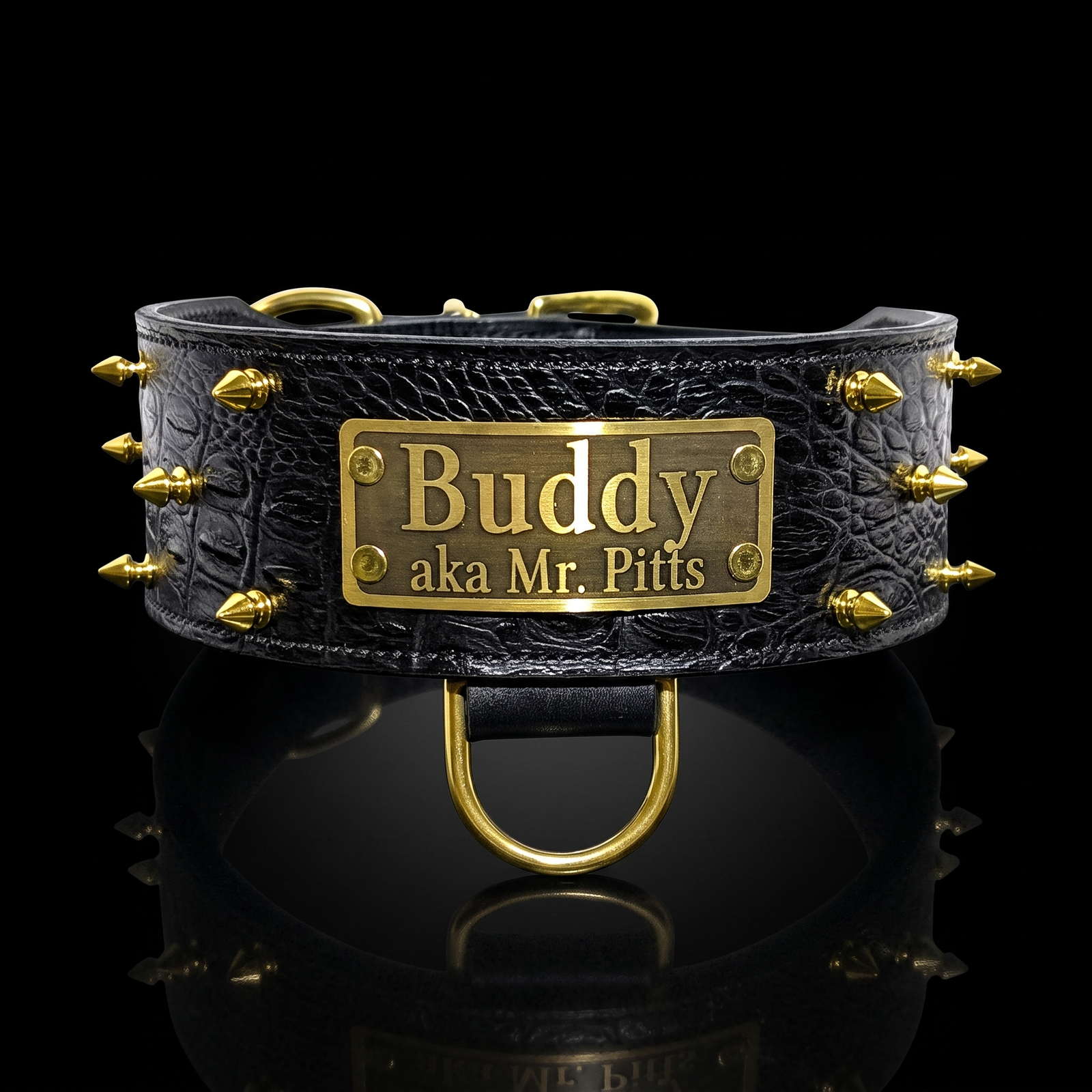 A black textured leather dog collar with gold-tone metal spikes and a central brass plate engraved with 'Buddy aka Mr. Pitts', shown on a reflective black background.