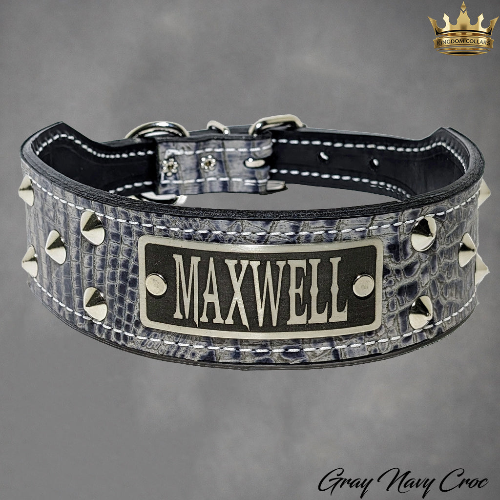 N5 - 2" Wide Tapered Personalized Leather Dog Collar with Studs
