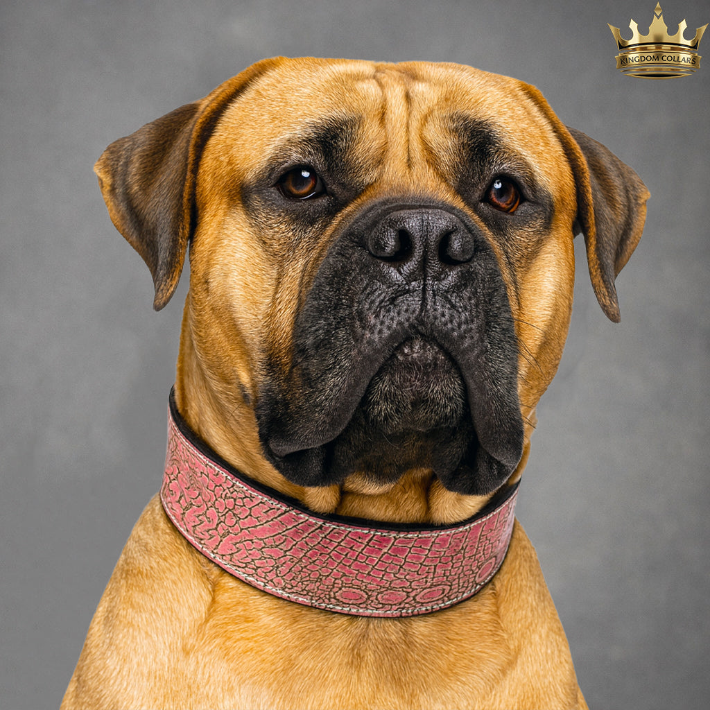 Dog wearing a pink collar against a gray background