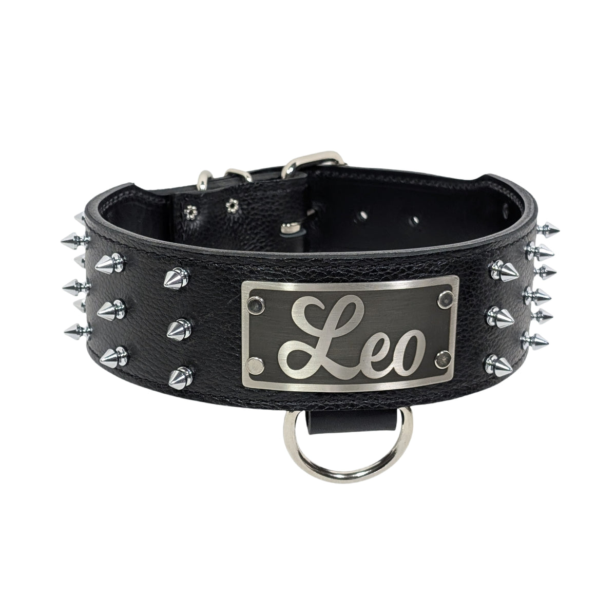 J8 - Coleira personalizada de couro pontiagudo de 2,5" com pedras preciosas