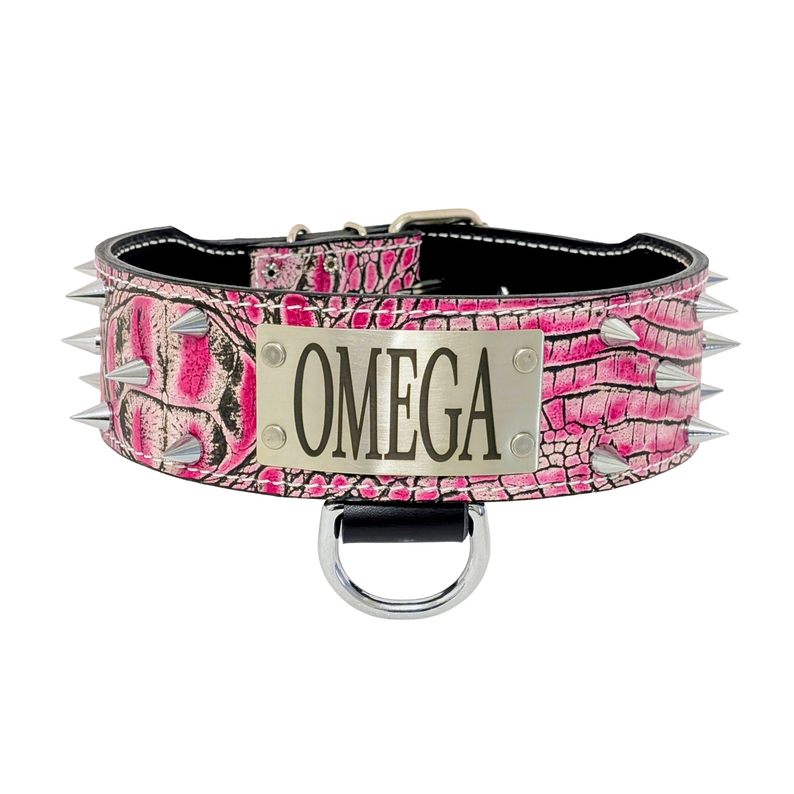 Pink spiked dog collar with 'Omega' branding on a white background