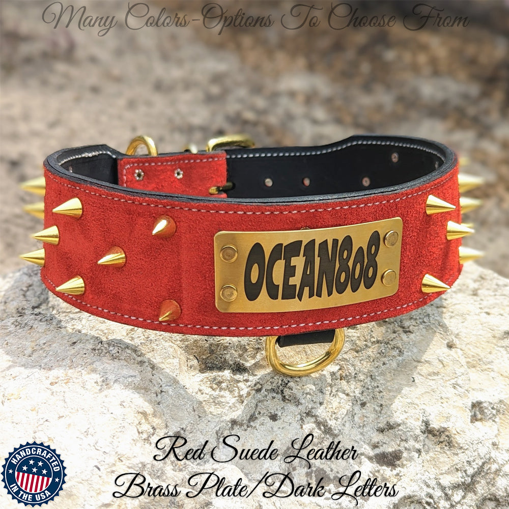 Collar de cuero con pinchos para perro con placa de identificación personalizada - 2,5" de ancho - JN1