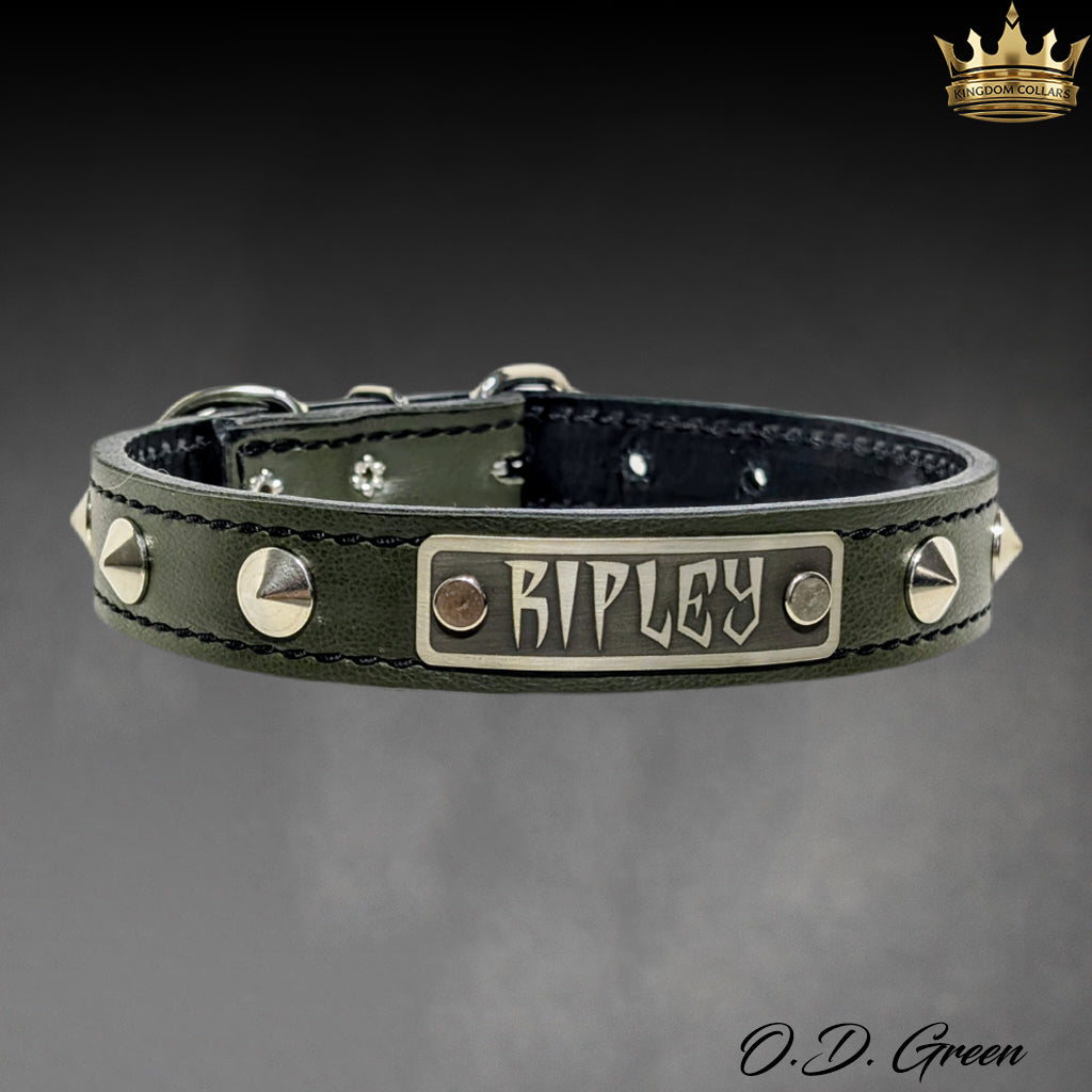 A dark olive green leather dog collar with silver-tone metal studs, spikes, and a central rectangular plate engraved with the name 'RIPLEY'. The collar is displayed against a dark gray gradient background with a gold crown logo in the top right corner and 'O.
