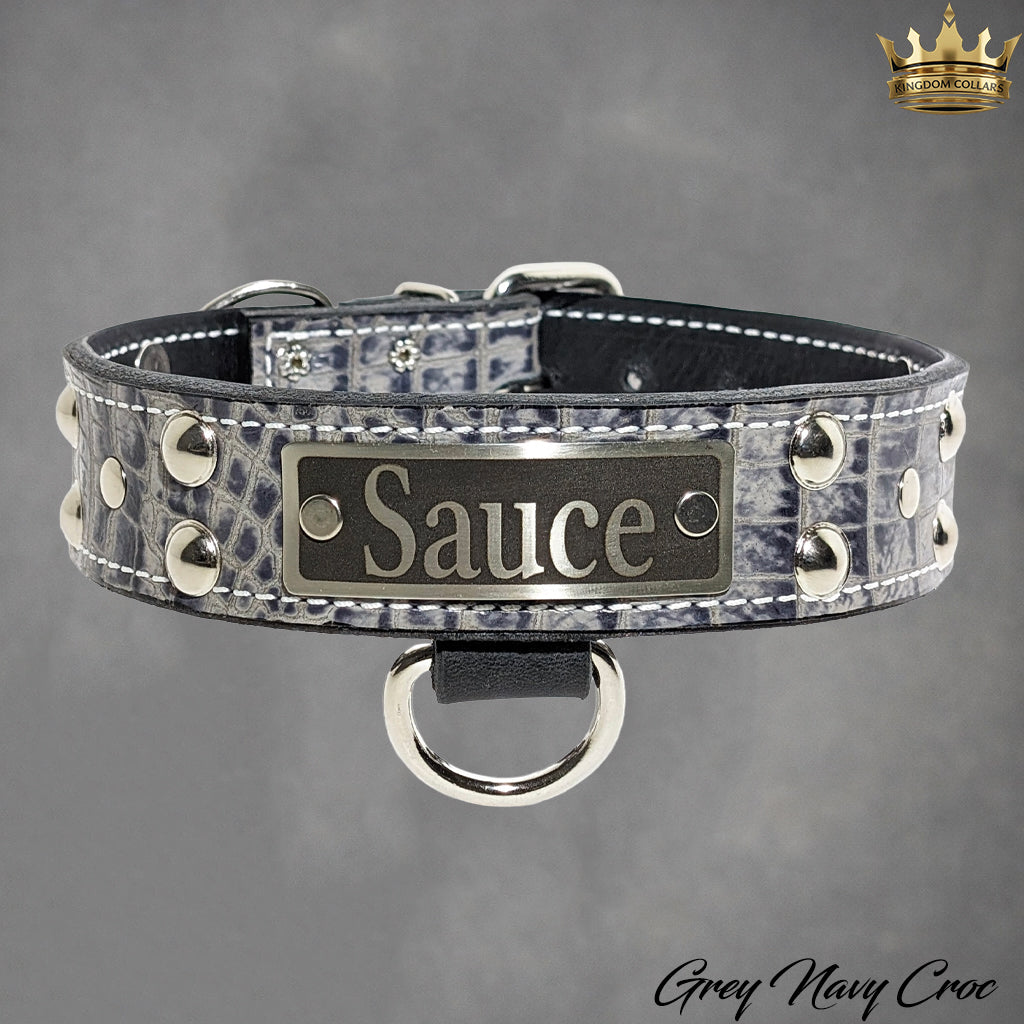 N10 - 1.5" Wide Leather Dog Collar Personalized Name Plate Studded
