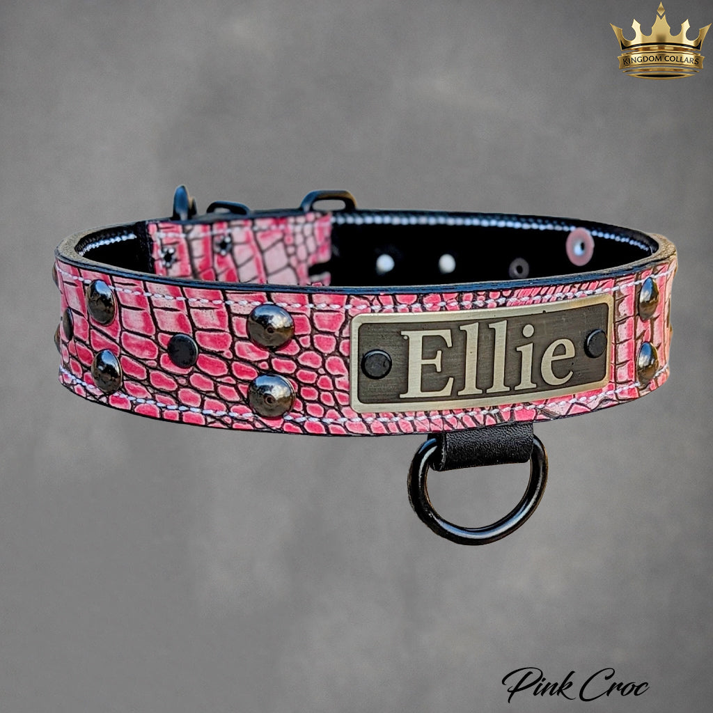 N10 - 1.5" Wide Leather Dog Collar Personalized Name Plate Studded