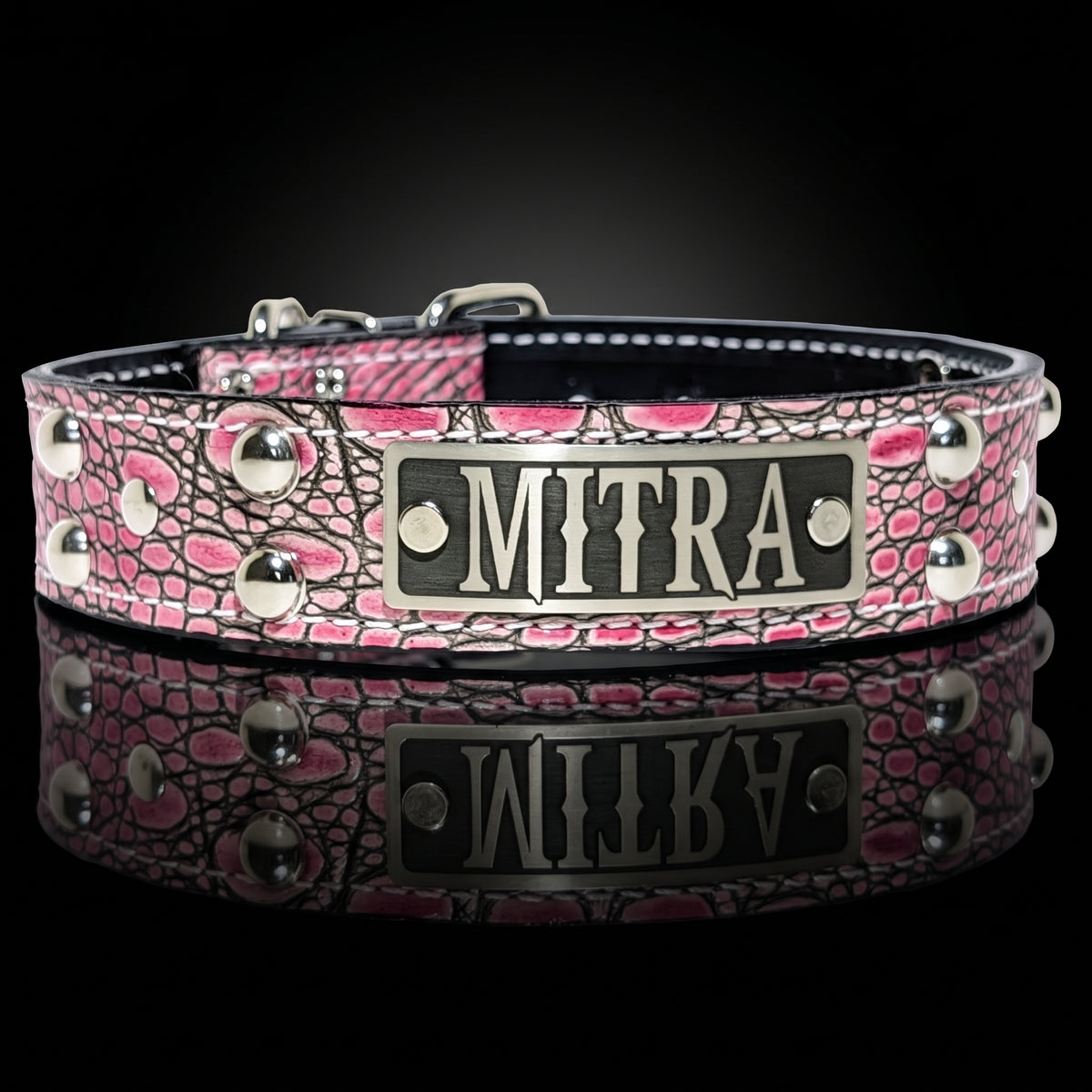 1.5-inch pink croc Italian leather dog collar with dome studs and engraved nameplate by Kingdom Collars