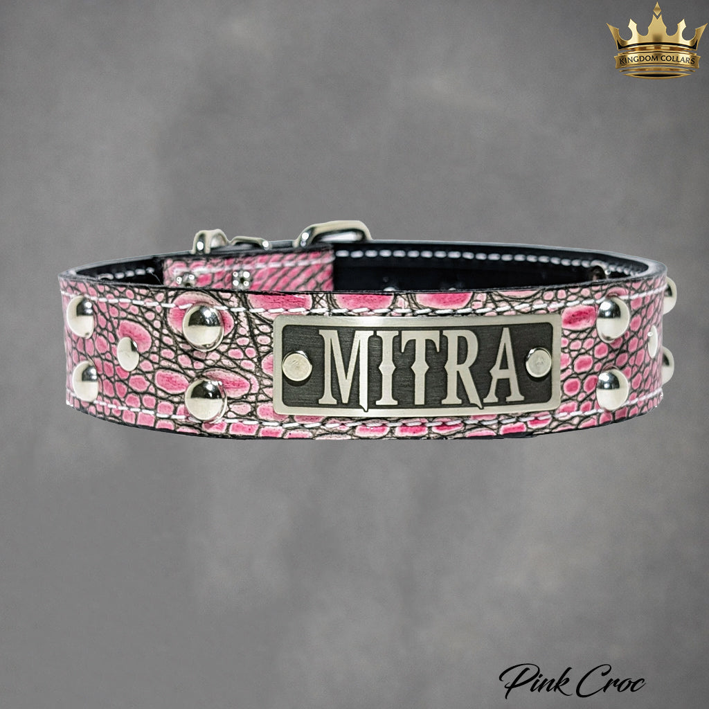 N10 - 1.5" Wide Leather Dog Collar Personalized Name Plate Studded