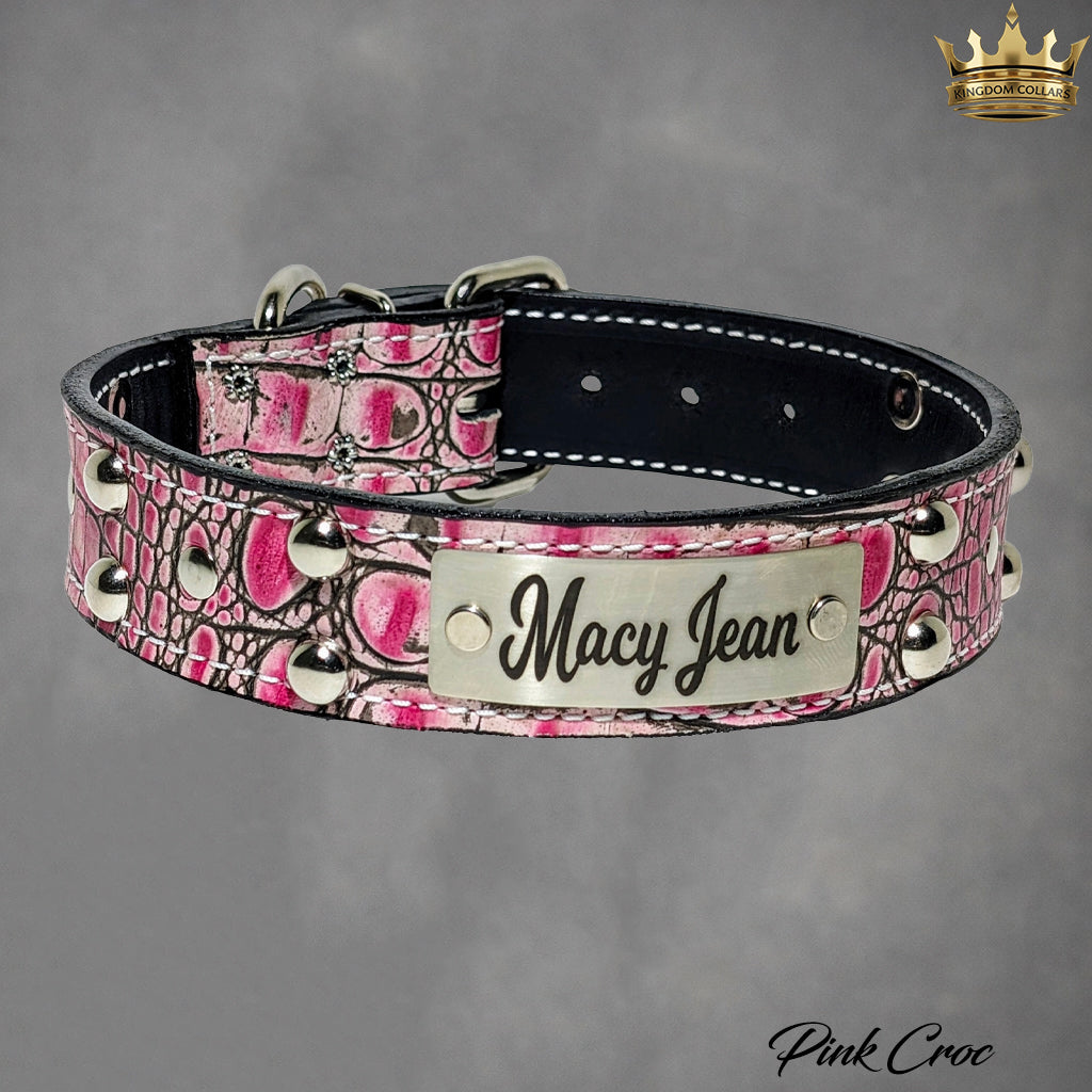 N10 - 1.5" Wide Leather Dog Collar Personalized Name Plate Studded