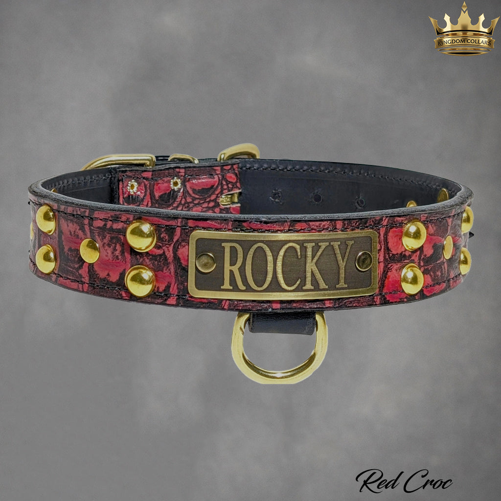 N10 - 1.5" Wide Leather Dog Collar Personalized Name Plate Studded