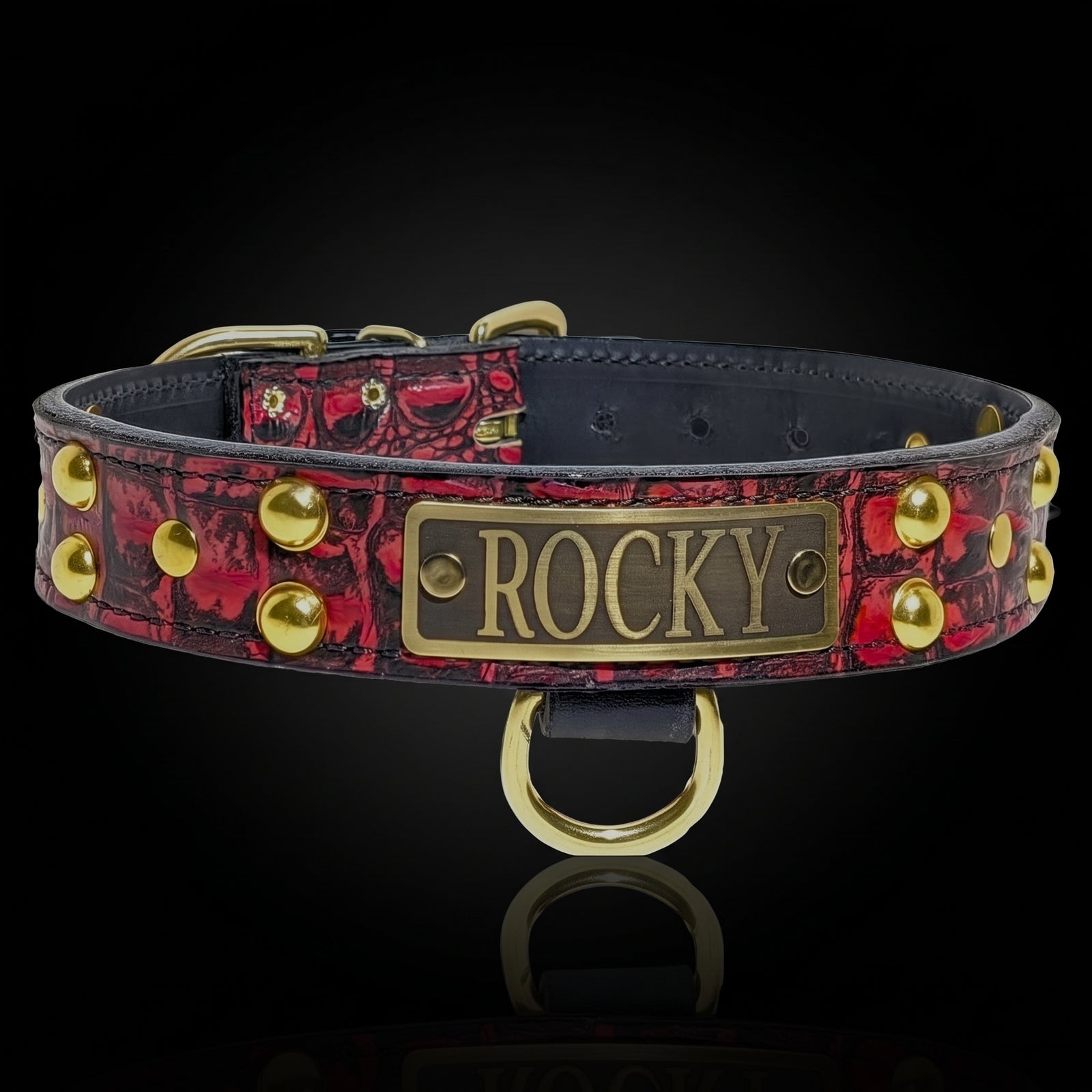 1.5-inch red studded Italian leather dog collar with engraved nameplate for Pit Bulls by Kingdom Collars