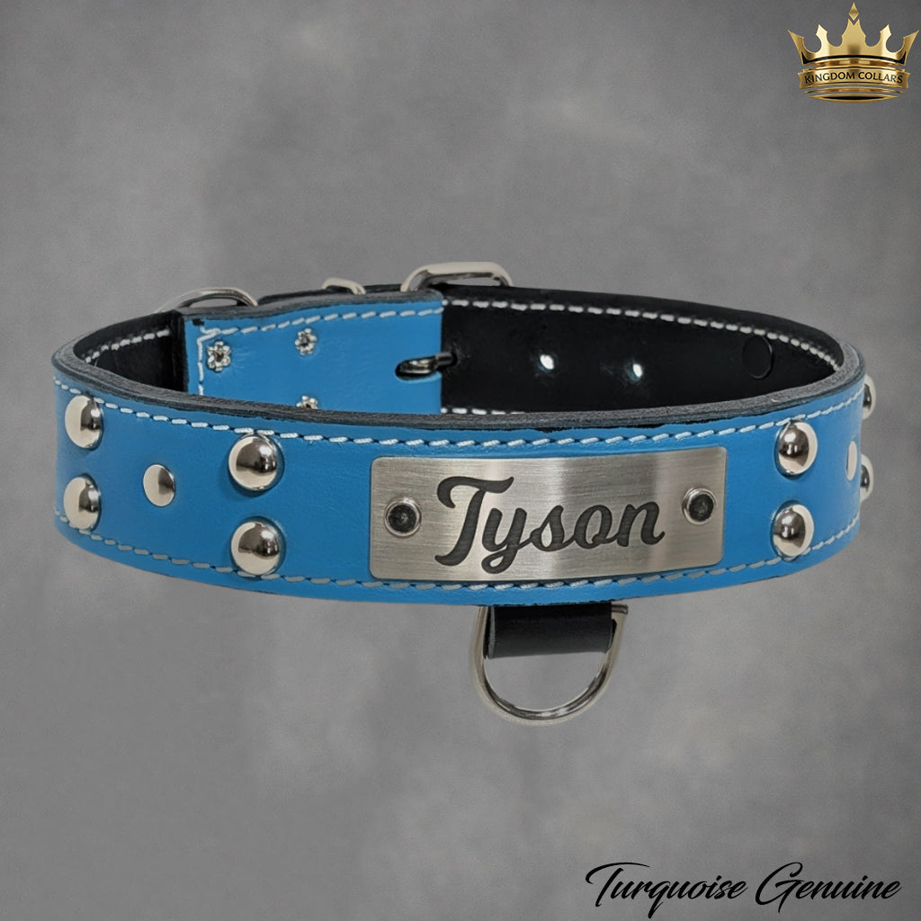 1.5" Wide Personalized Studded Italian Leather Dog Collar | Custom Name Plate