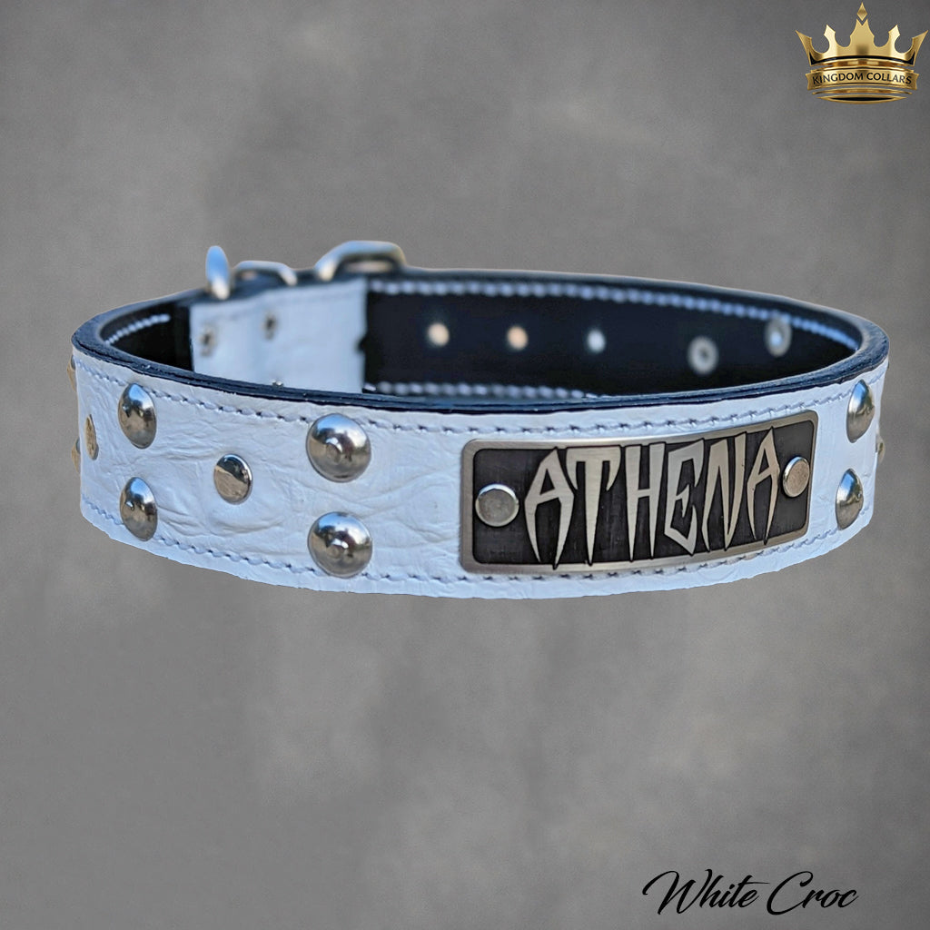 N10 - 1.5" Wide Leather Dog Collar Personalized Name Plate Studded