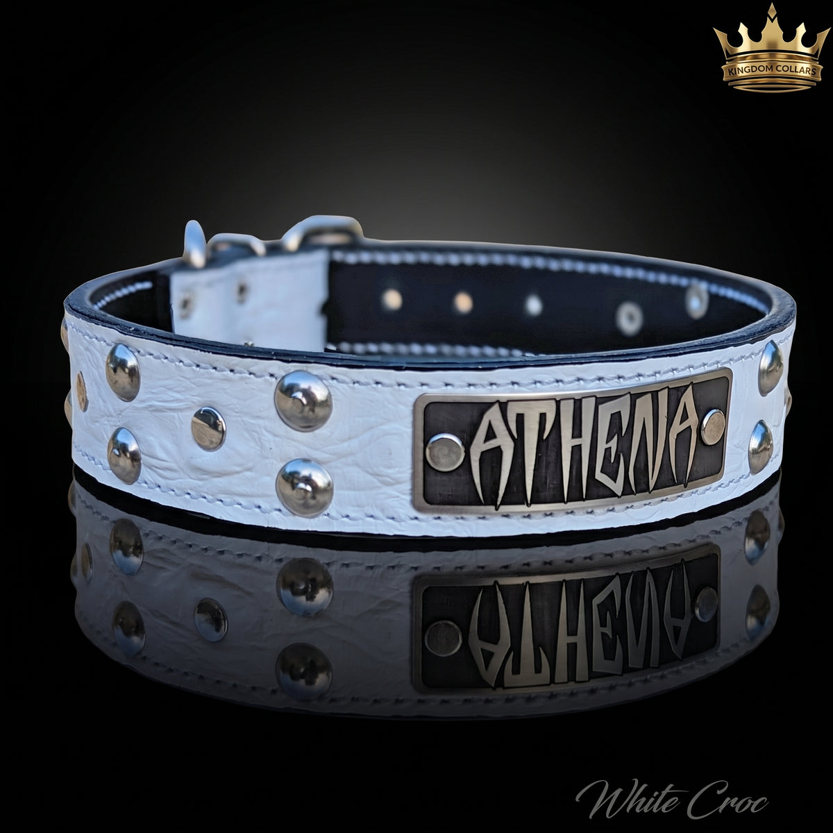 A white crocodile-embossed leather dog collar with silver studs and a black metal plate engraved with the name 'ATHENA', displayed on a reflective black background.
