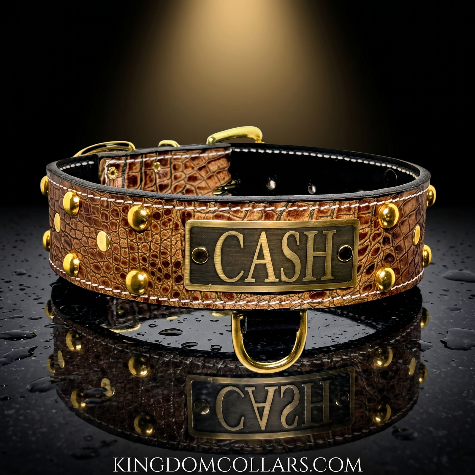 2" Wide Personalized Italian Leather Studded Dog Collar | Engraved Name Plate