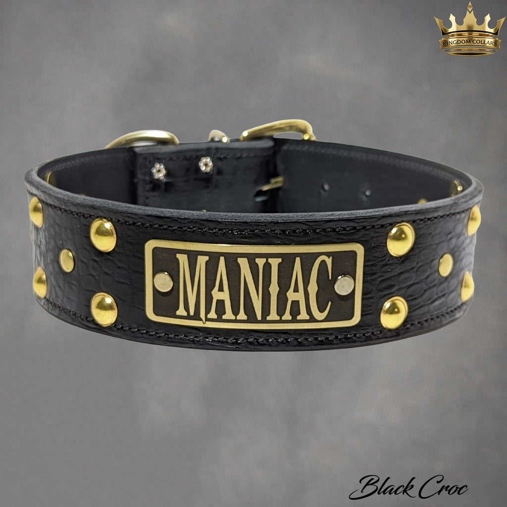 2" Wide Personalized Italian Leather Studded Dog Collar | Engraved Name Plate