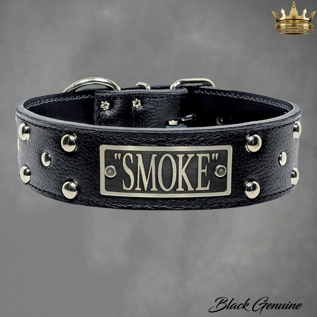 N12 - Coleira de cachorro de couro cravejada com placa de nome personalizada de 2"